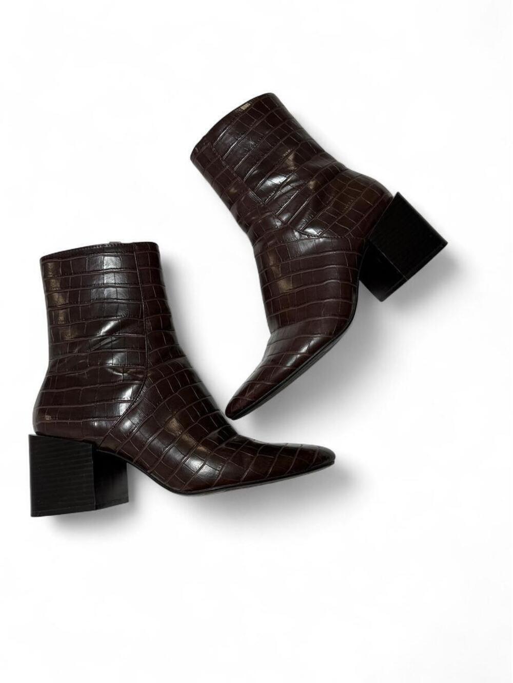 Zara rich chocolate brown crocodile textured ankle boots with block heel.